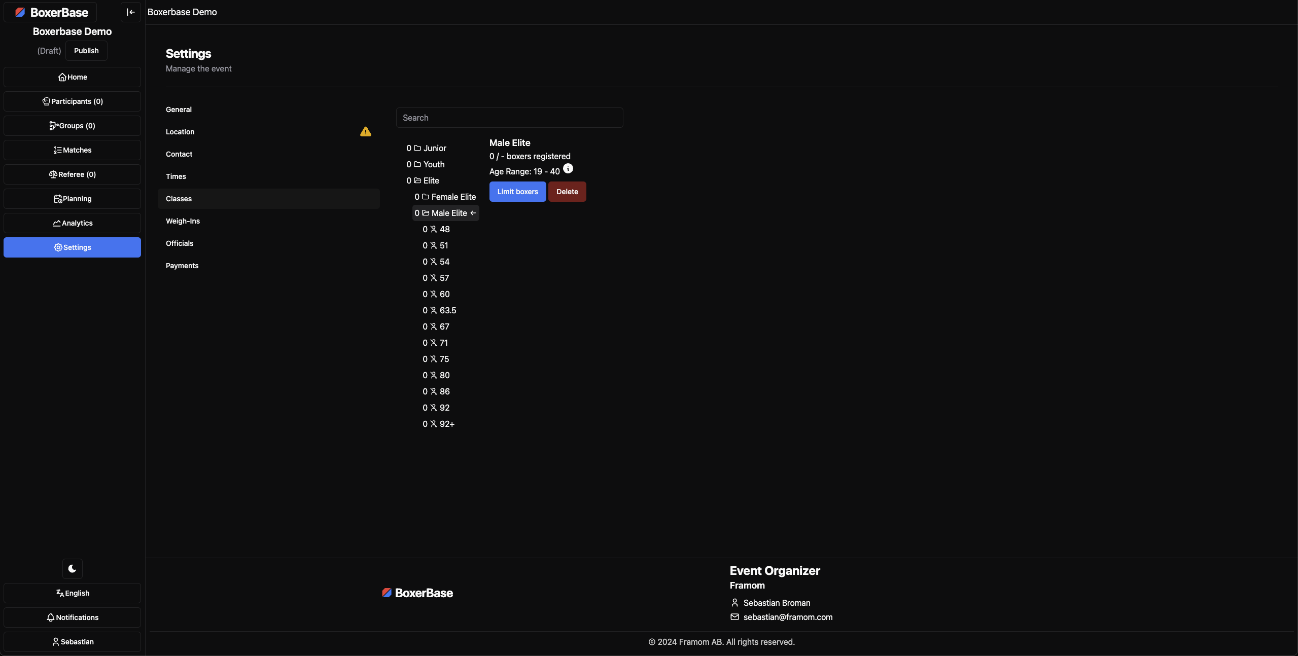 Classes settings page