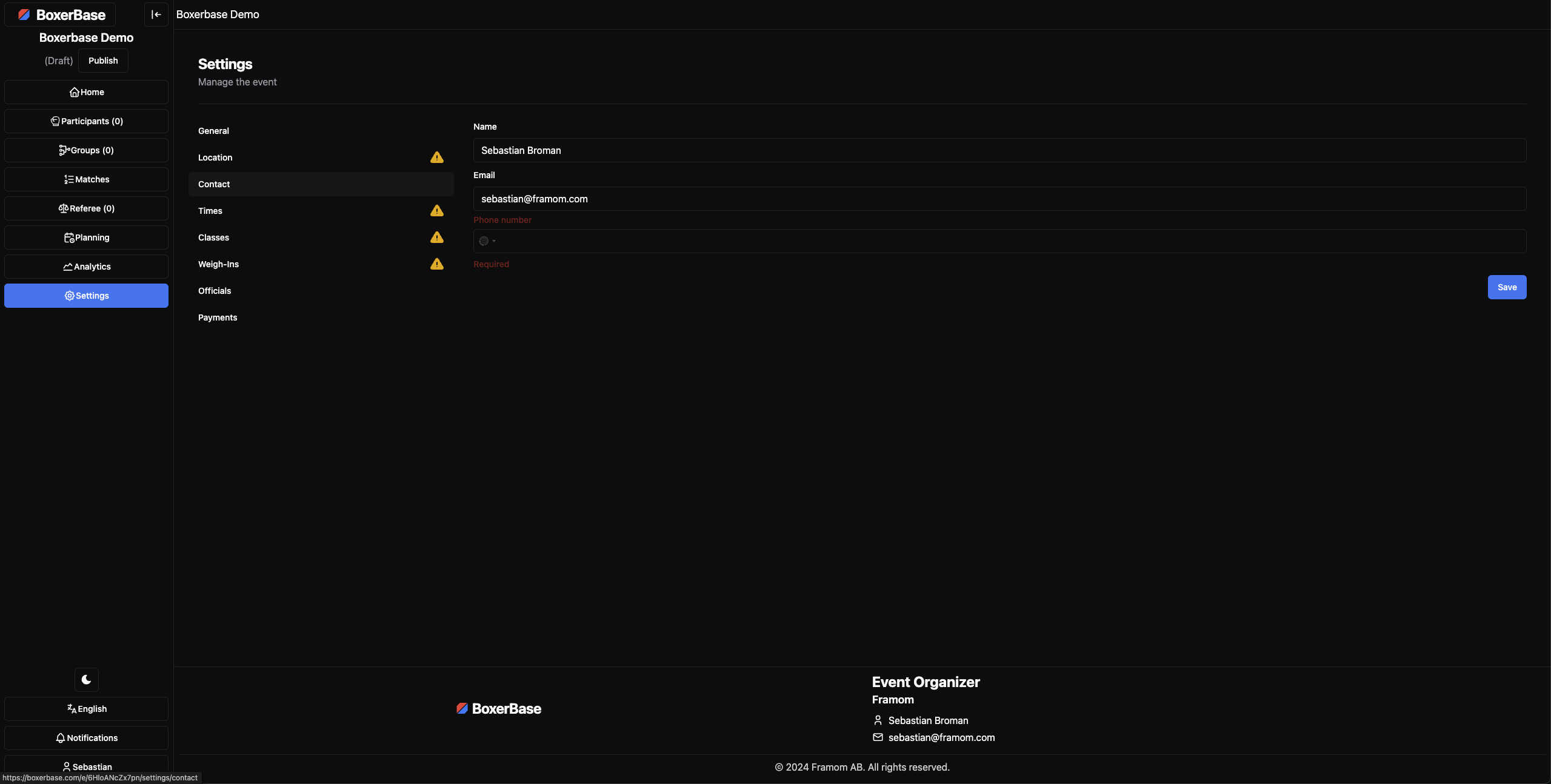 Contact settings page