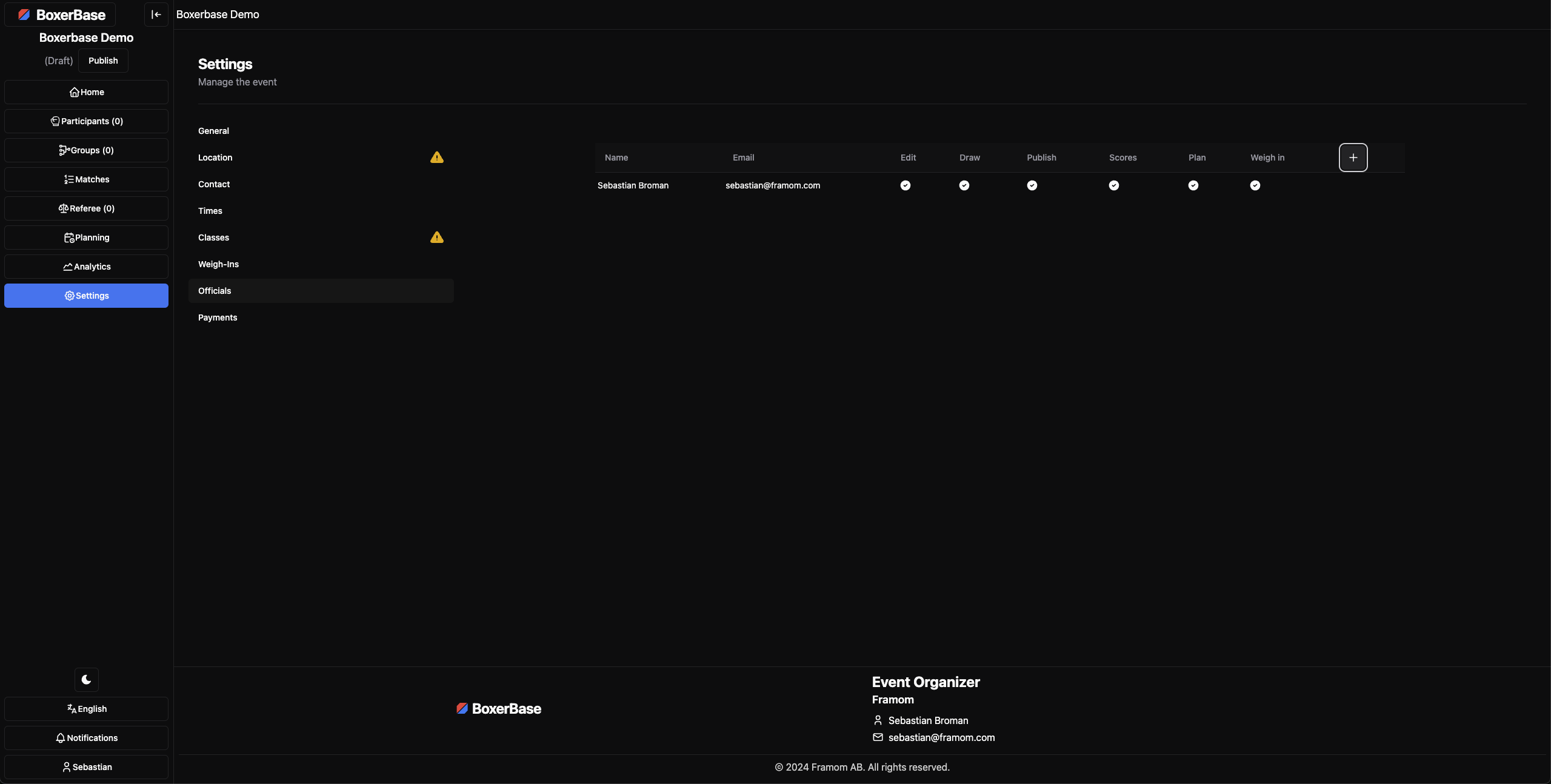 Invite officials page