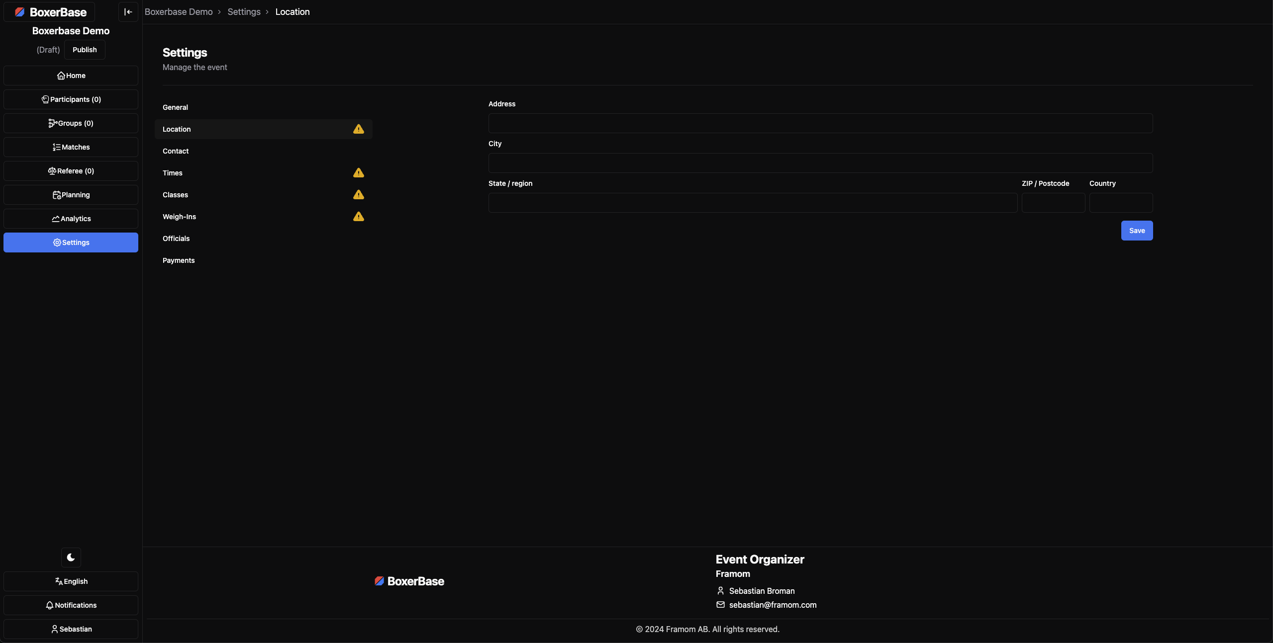 Location settings page