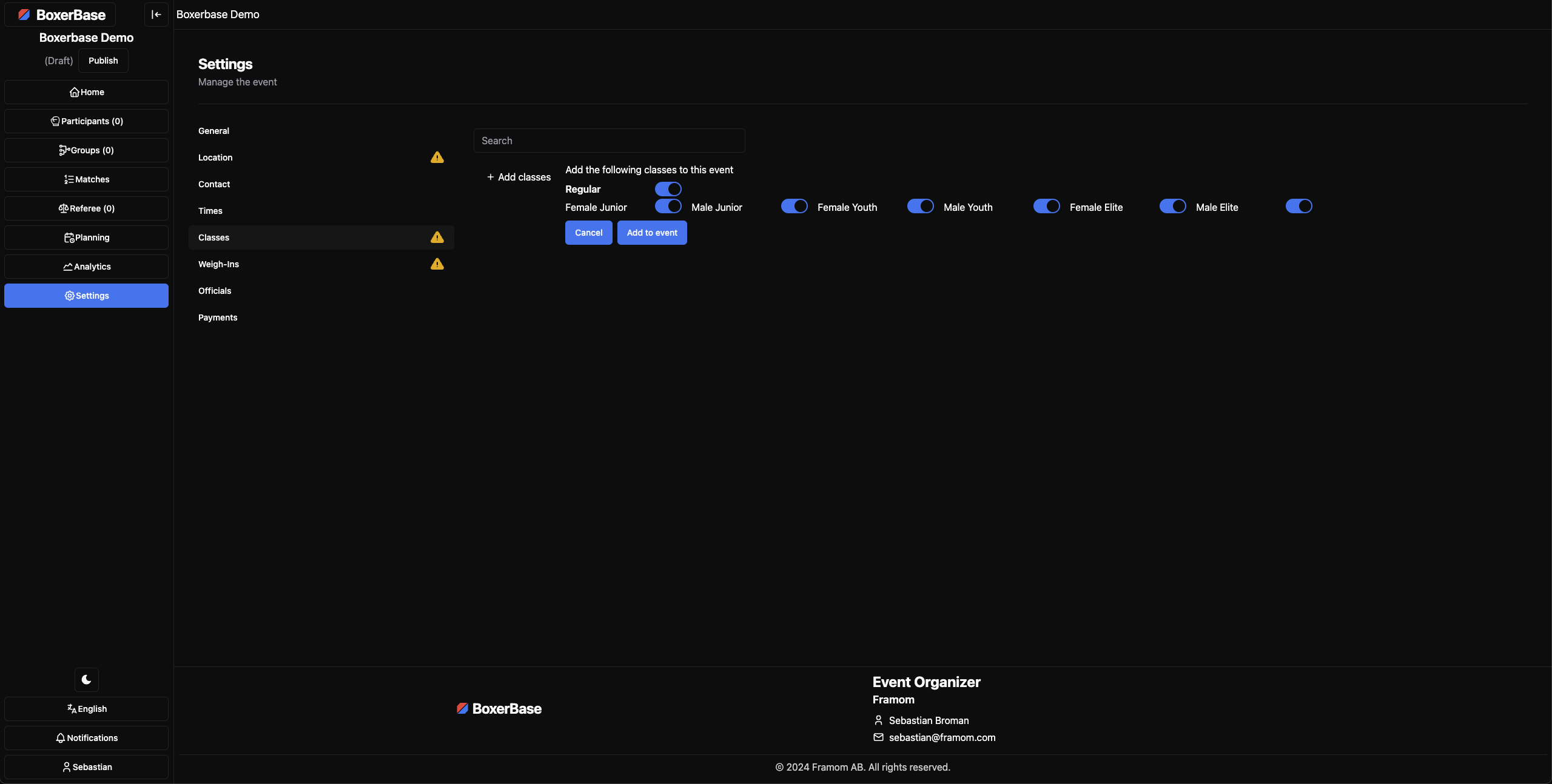 Classes settings page