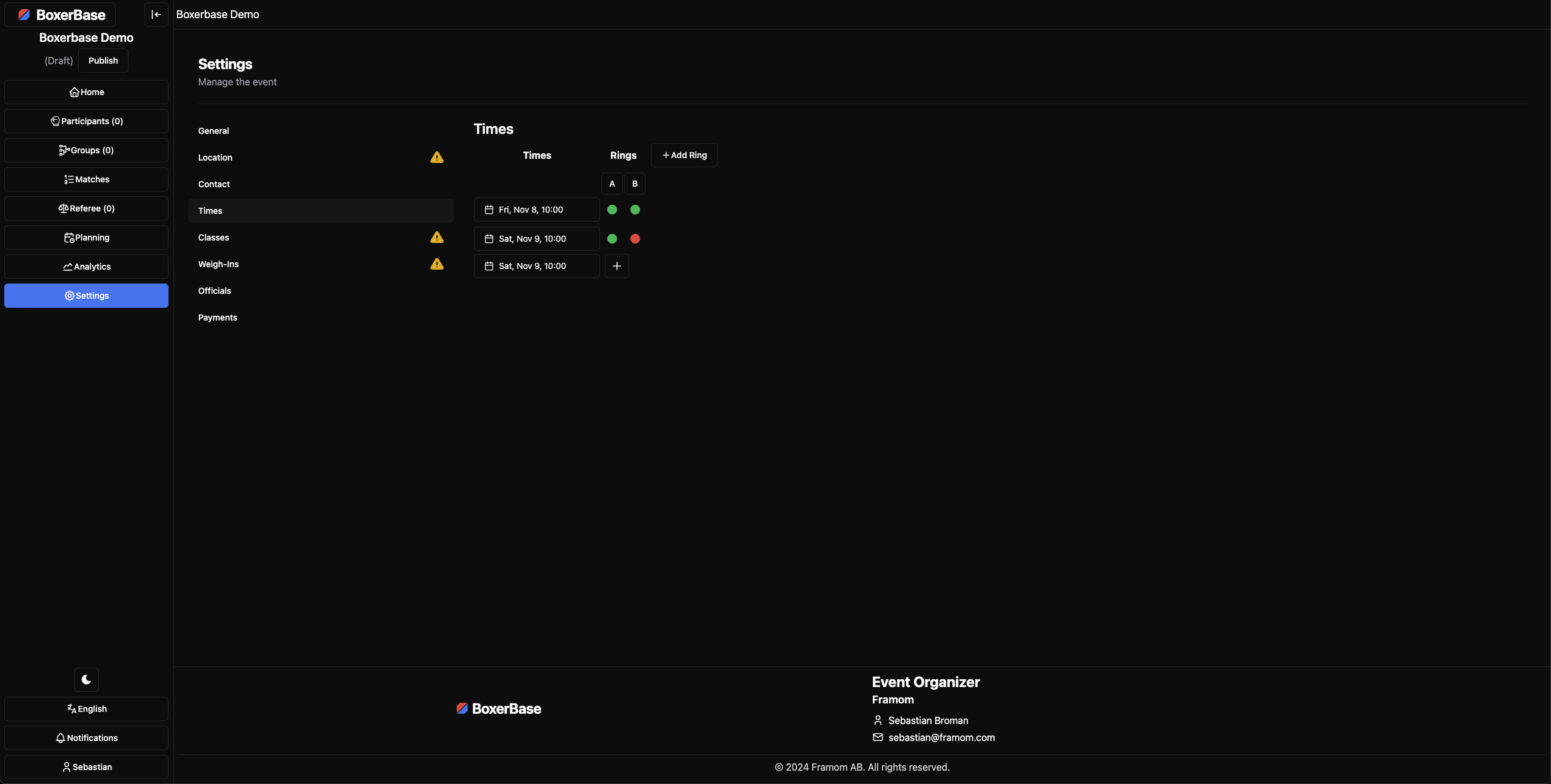 Times settings page