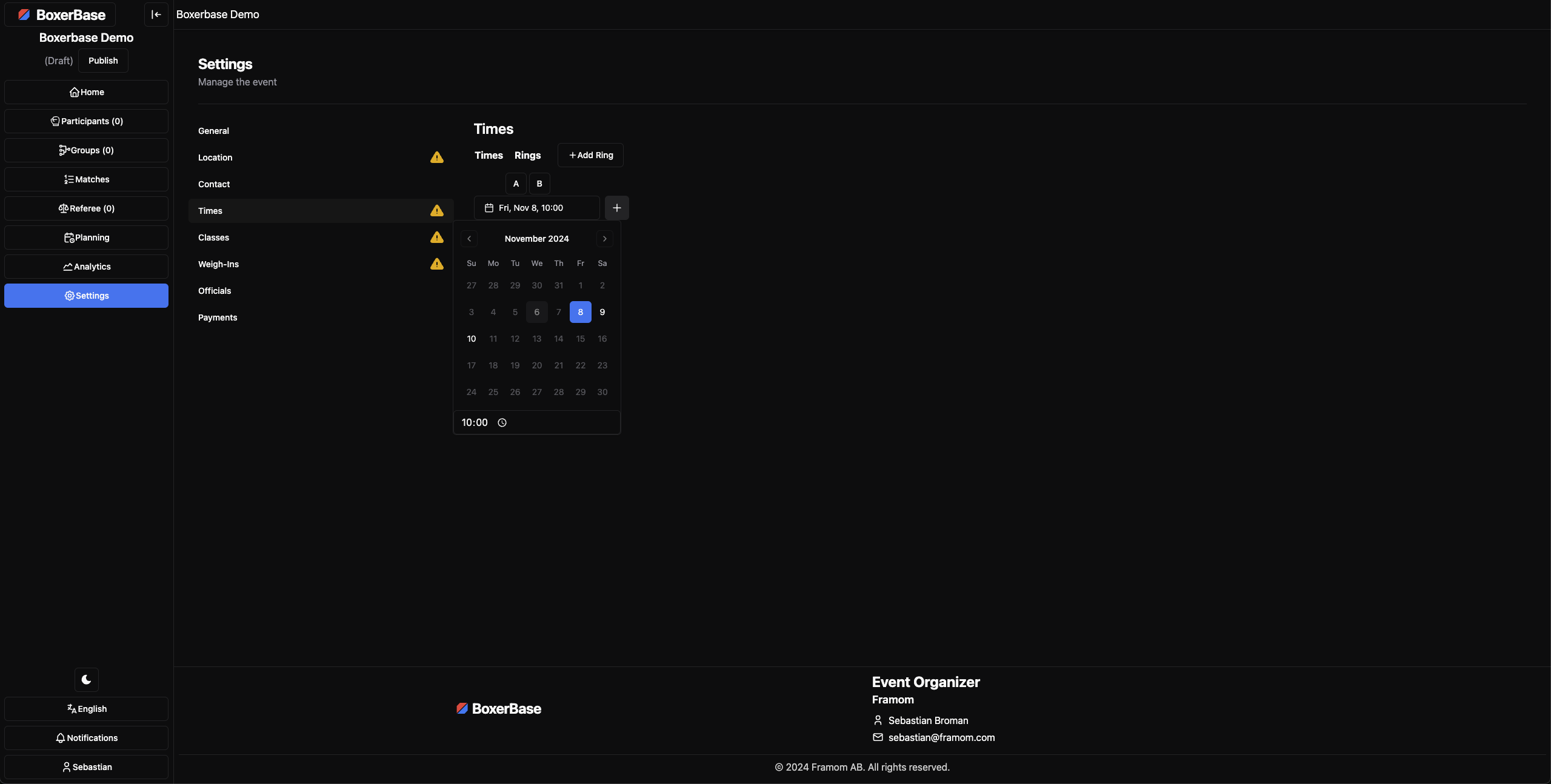 Times settings page
