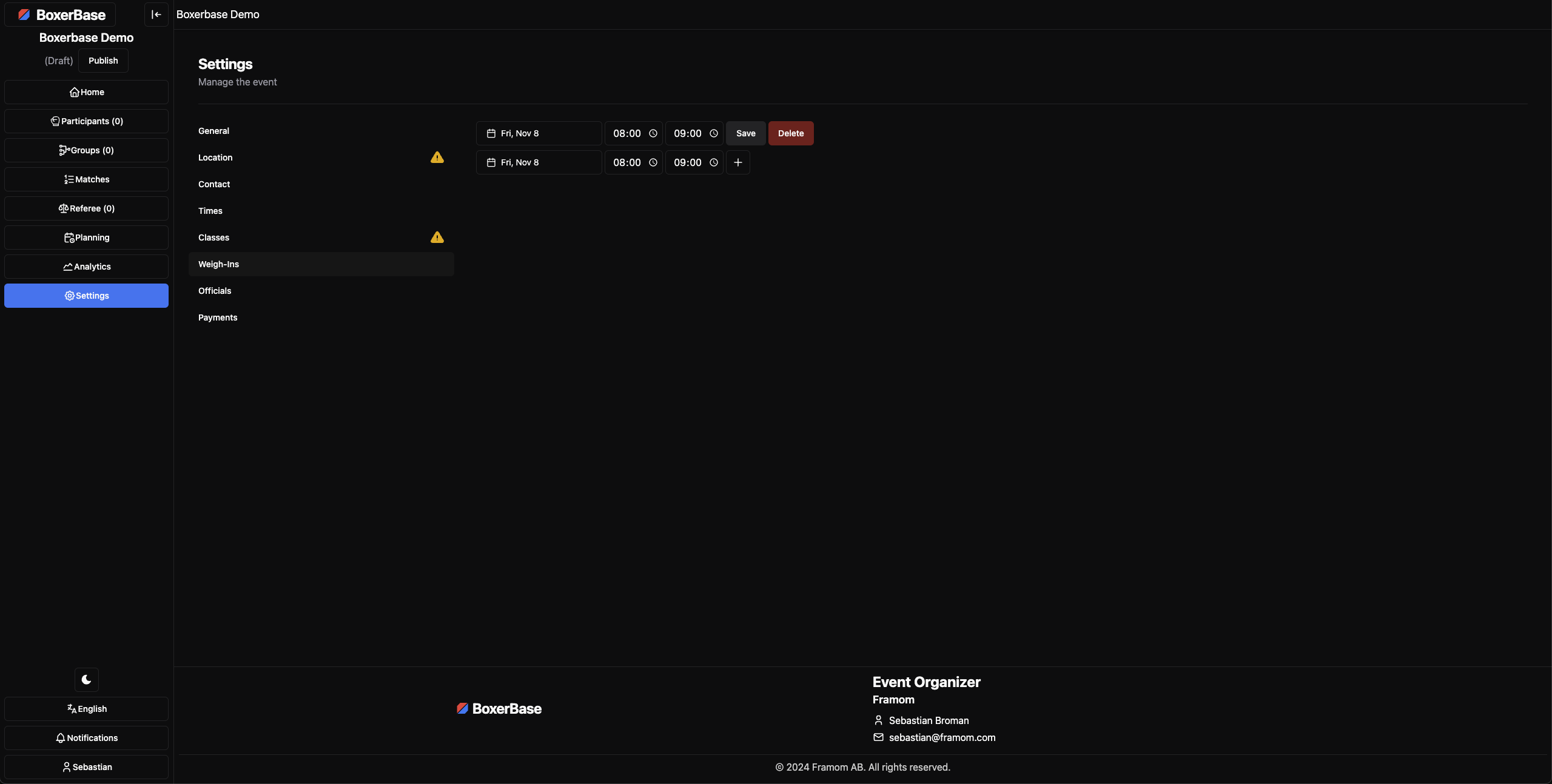 Weigh-ins settings page